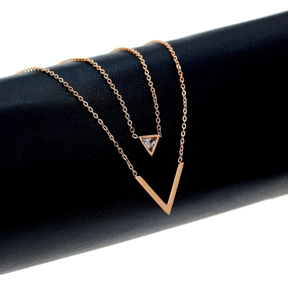 Rose Gold Initial V Multi Layers Necklace, Pendant - Picture 1 of 4